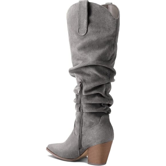 Women's Grey Mysoft Cowboy Knee High Boots Pointed Toe Chunky Heel Slouchy - Picture 4 of 6
